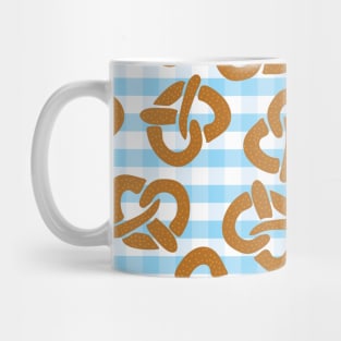 Pretzels on a blue and white checkered background Mug